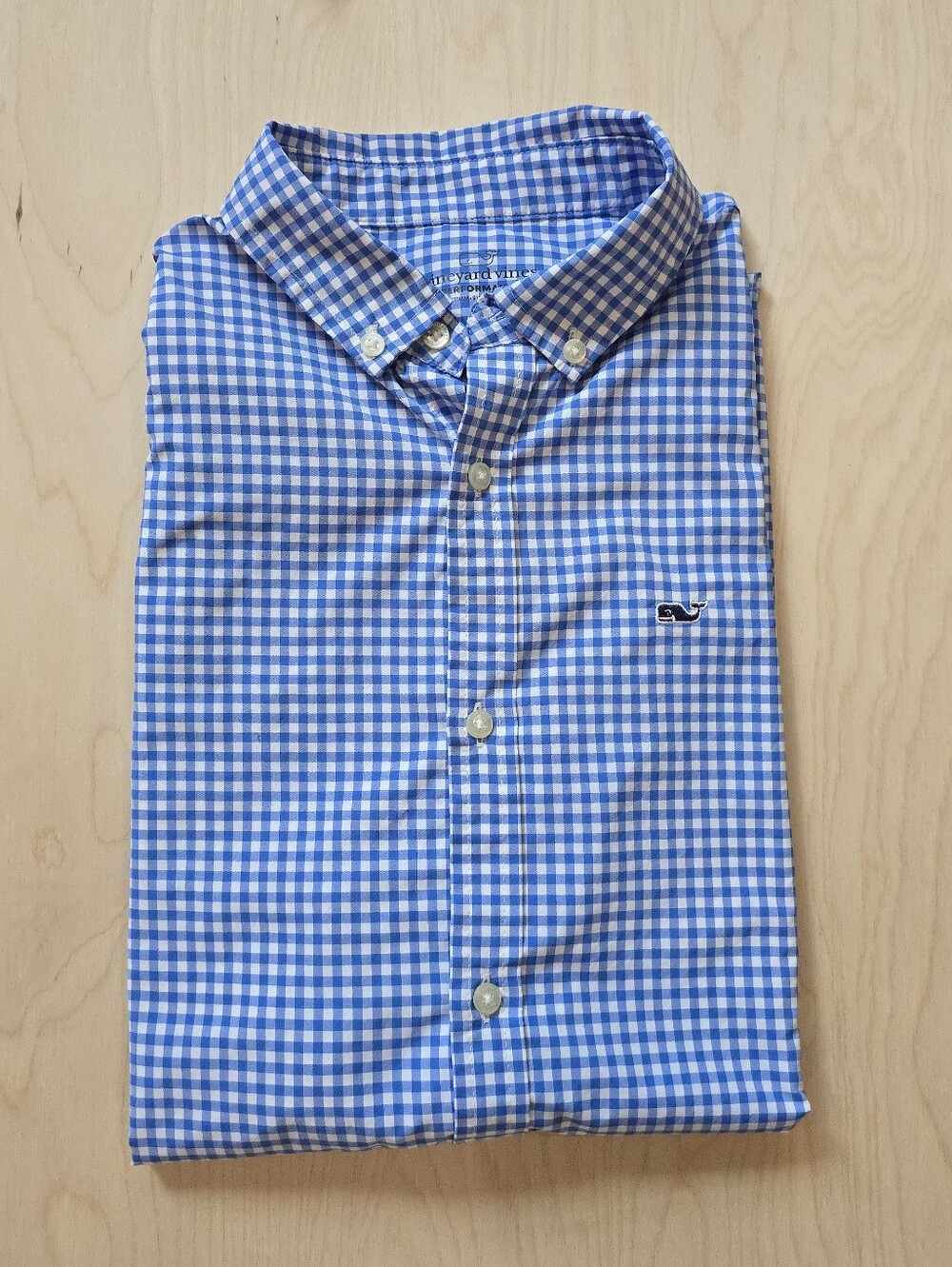 Vineyard Vines Blue And White Performance Button Down Shirt, Blue Gingham Sz 16